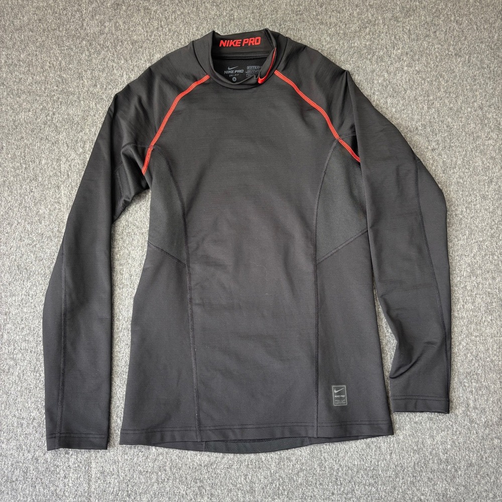 Nike Pro Dri-FIT Mens Small Black Red Long Sleeve Compression Shirt Mock Neck